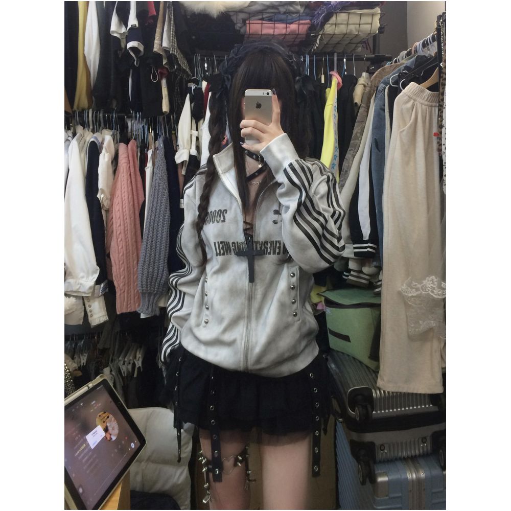 Subcultural stand up collar jacket women s autumn new style washed sprayed dirty worn sports style hoodie Abi top trend