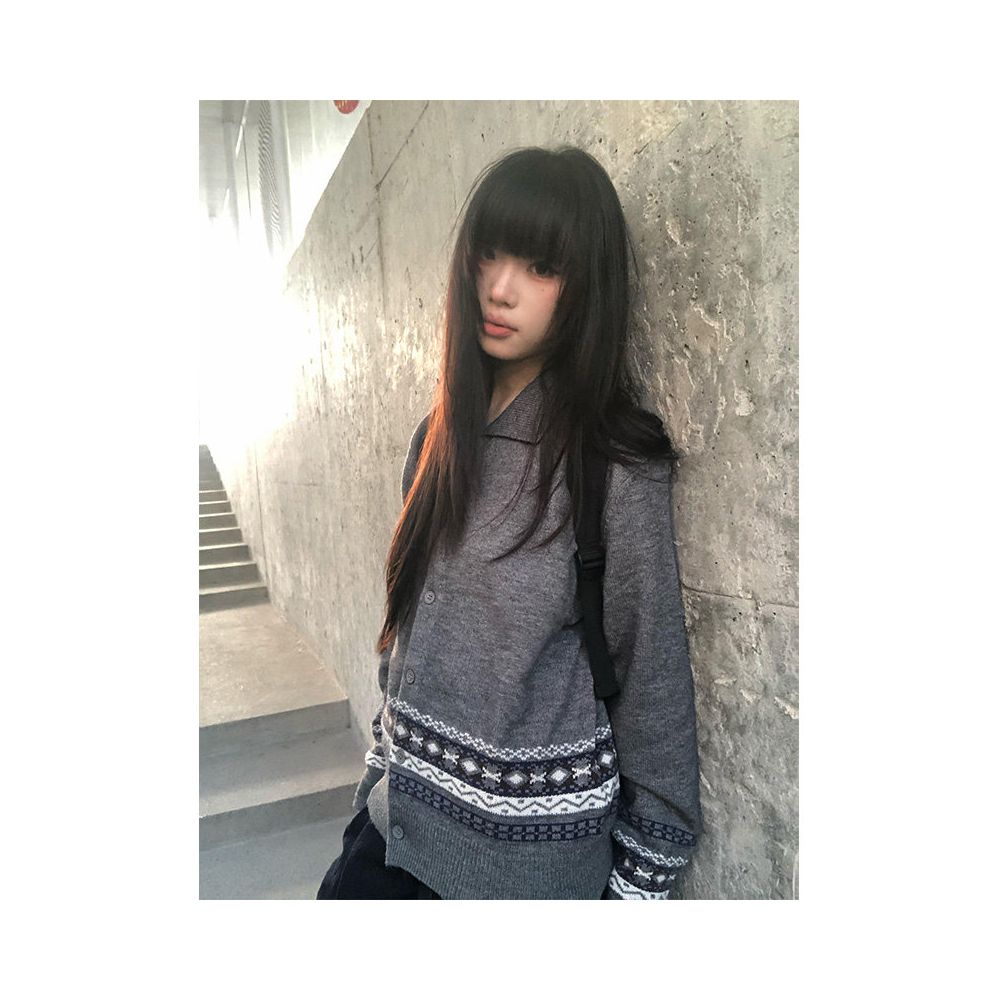 Fair Island Grey Knitted Cardigan Women s Autumn New Long Sleeve Sweater Coat Vintage Collar Versatile Top image 3