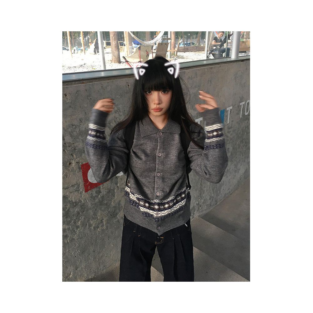 Fair Island Grey Knitted Cardigan Women s Autumn New Long Sleeve Sweater Coat Vintage Collar Versatile Top image 4