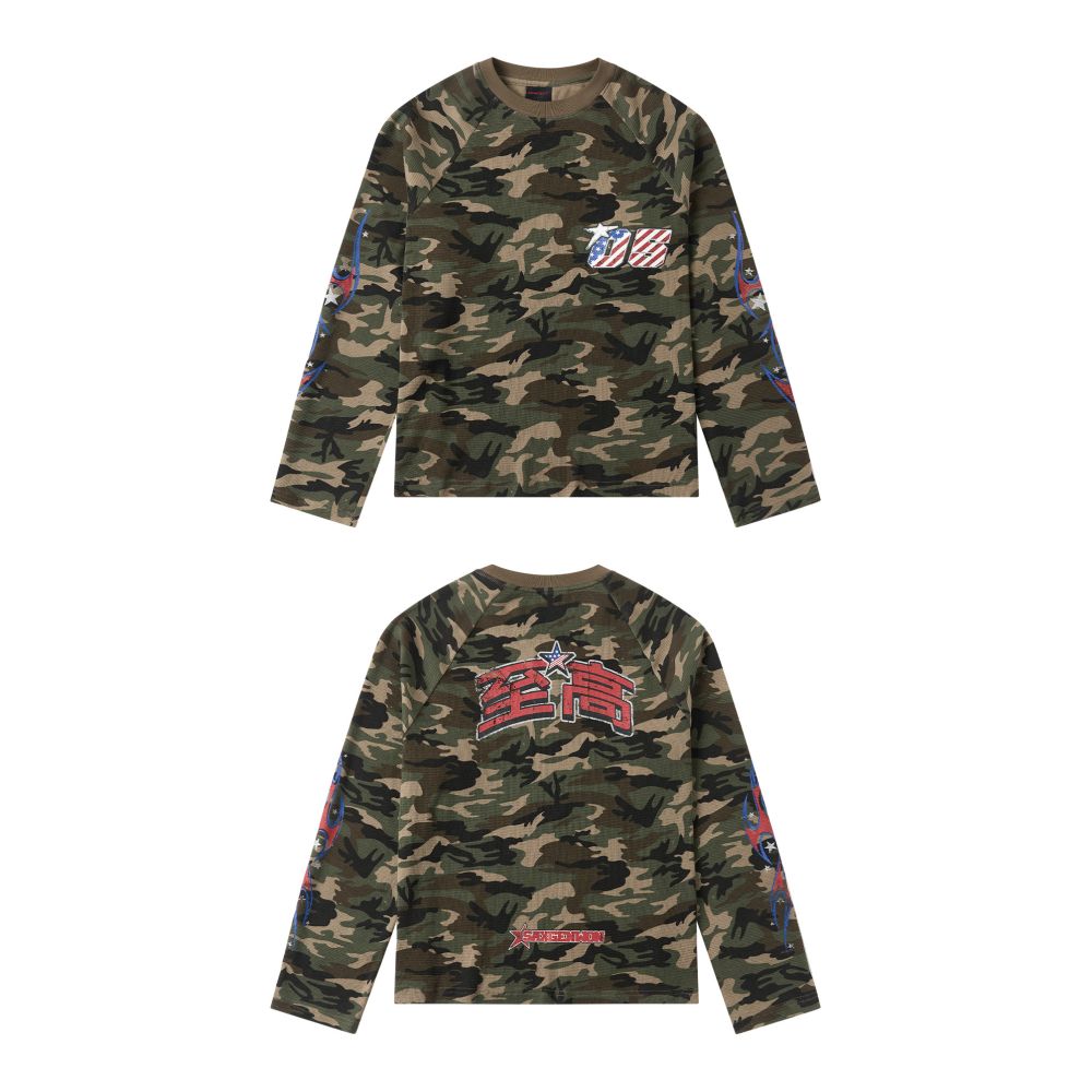 Saxgenwon supreme streetwear waffle knit camo digital print knitted long sleeve graphic tee image 0