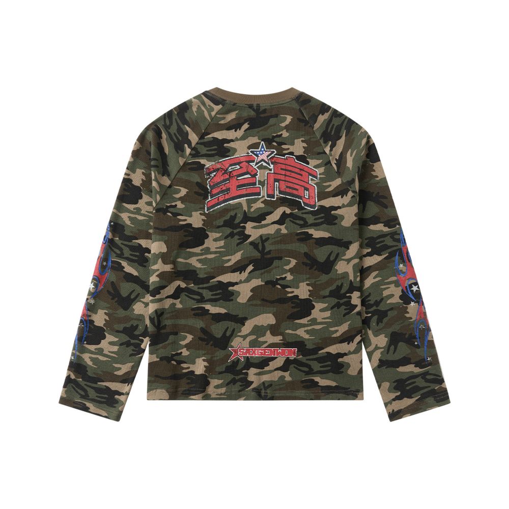 Saxgenwon supreme streetwear waffle knit camo digital print knitted long sleeve graphic tee