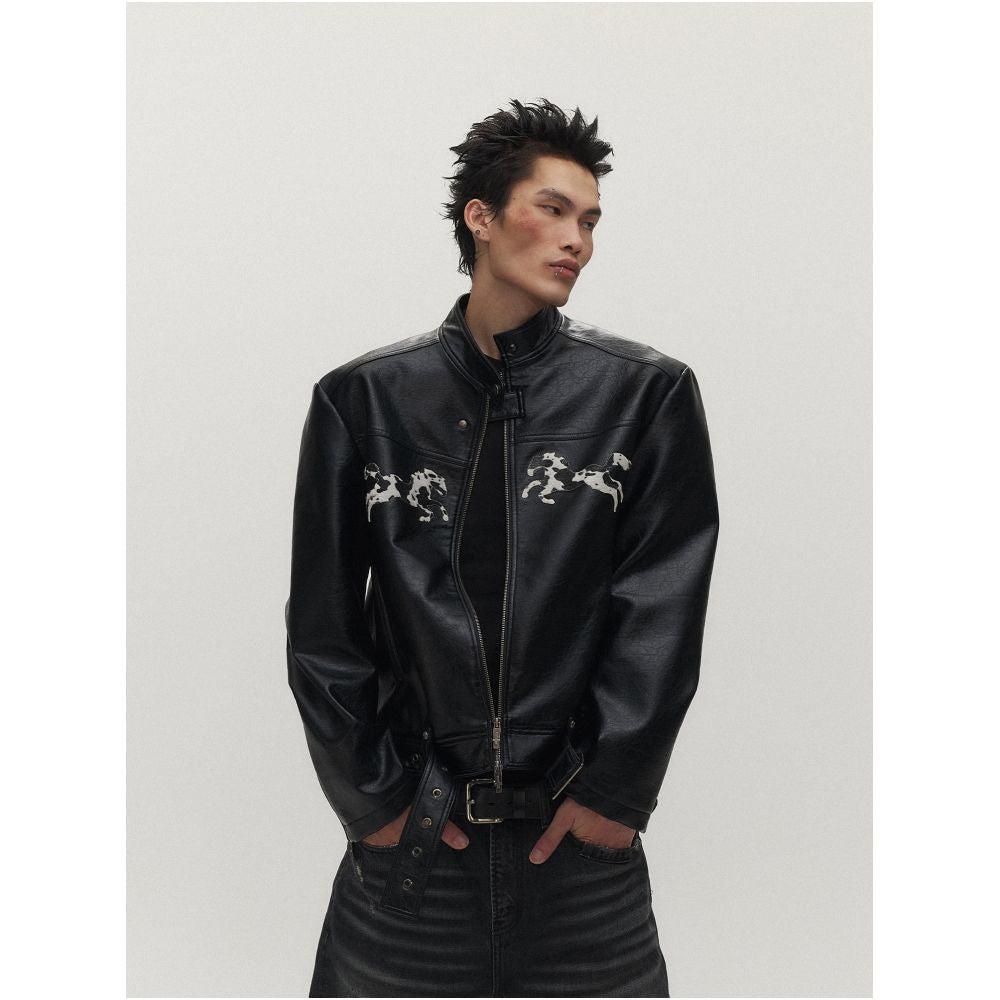Sgwcult leopard family cow pattern horse hair patchworkembroider stand collar short motorcycle leather jacketoutwear image 1