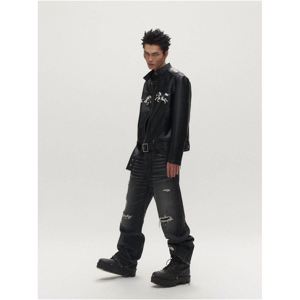 Sgwcult leopard family cow pattern horse hair patchworkembroider stand collar short motorcycle leather jacketoutwear image 2