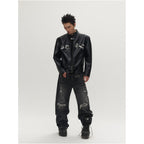 Sgwcult leopard family cow pattern horse hair patchworkembroider stand collar short motorcycle leather jacketoutwear image 3