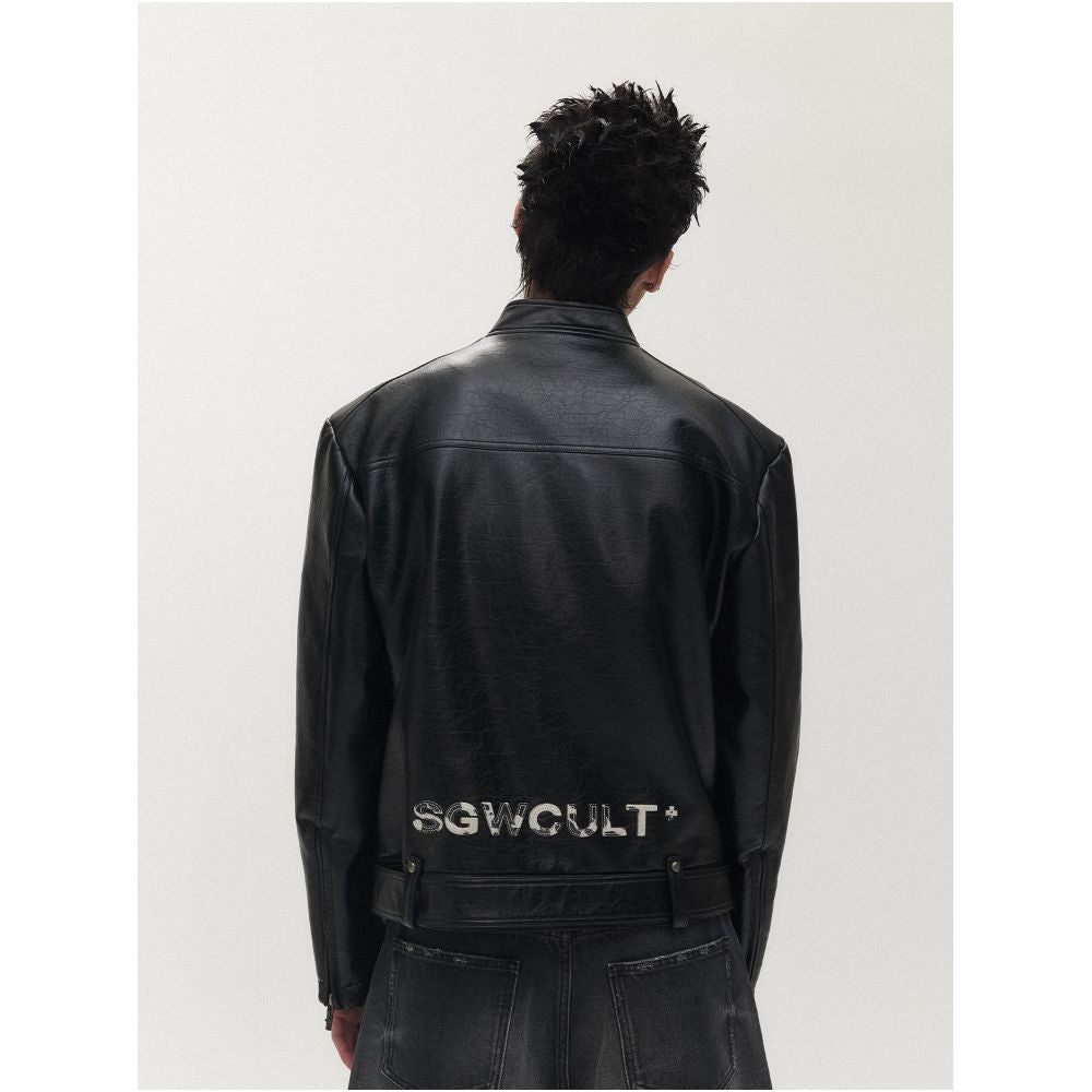 Sgwcult leopard family cow pattern horse hair patchworkembroider stand collar short motorcycle leather jacketoutwear image 4