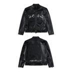 Sgwcult leopard family cow pattern horse hair patchworkembroider stand collar short motorcycle leather jacketoutwear image 5