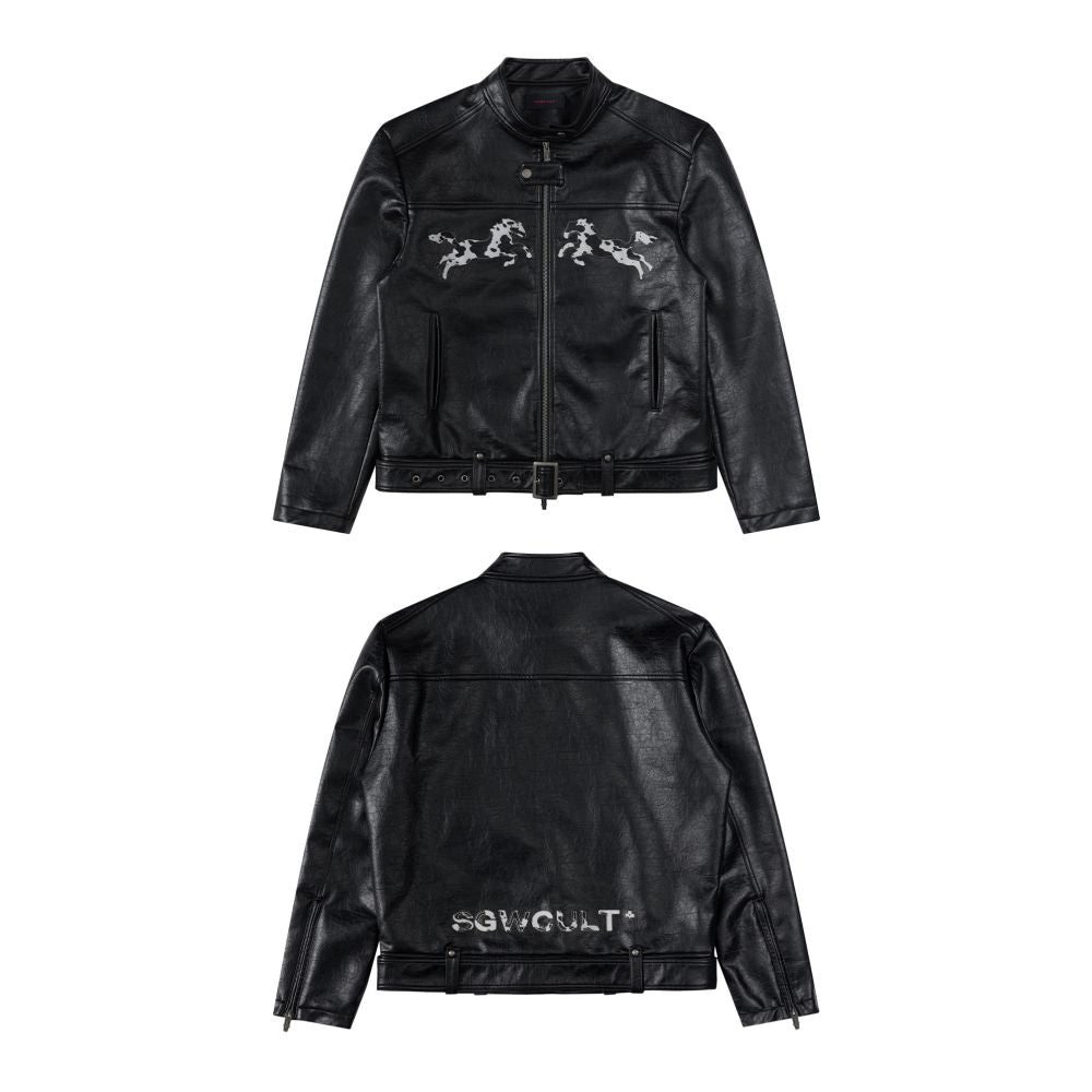 Sgwcult leopard family cow pattern horse hair patchworkembroider stand collar short motorcycle leather jacketoutwear image 5