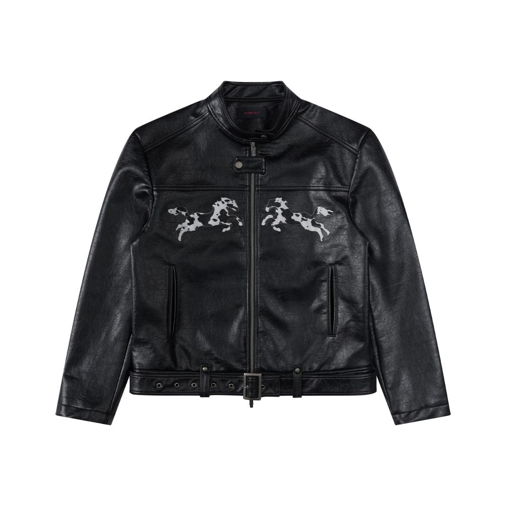 Sgwcult leopard family cow pattern horse hair patchworkembroider stand collar short motorcycle leather jacketoutwear