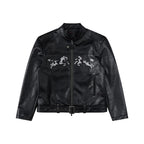 Sgwcult leopard family cow pattern horse hair patchworkembroider stand collar short motorcycle leather jacketoutwear