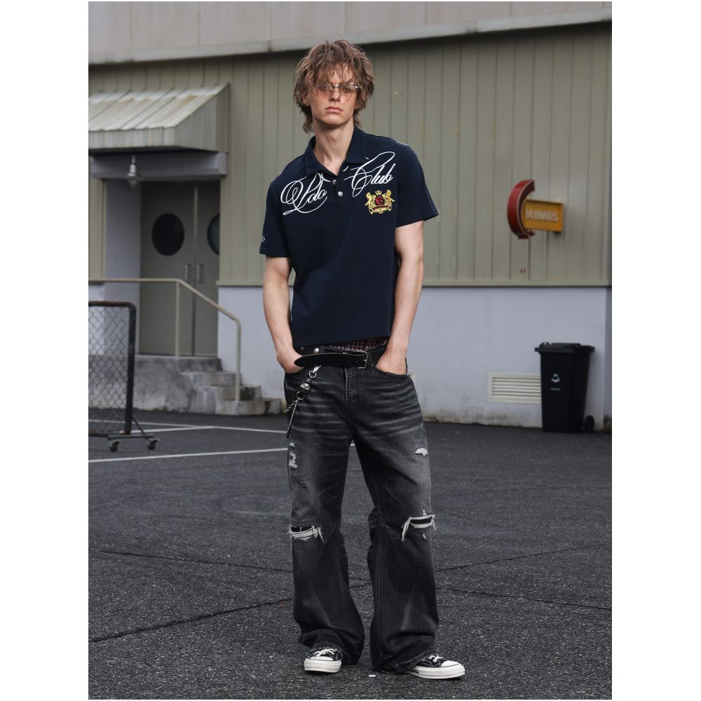 Saxgenwon uk union jack flag print embroidered beaded pure cotton streetwear cursive shoulder polo short sleeve t shirt image 0