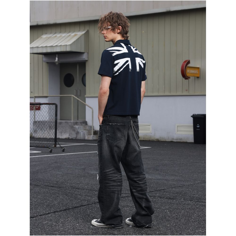 Saxgenwon uk union jack flag print embroidered beaded pure cotton streetwear cursive shoulder polo short sleeve t shirt image 1