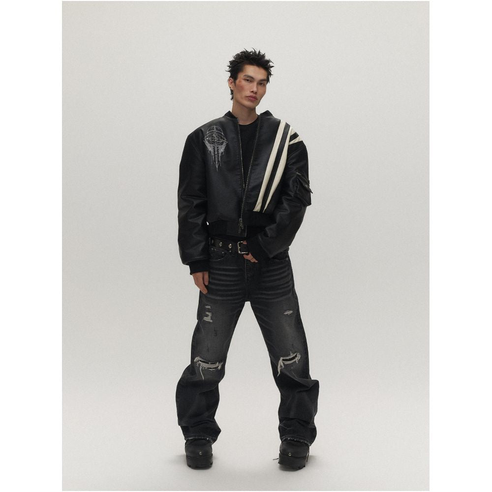 Sgwcult church black and white patchwork plush silhouette fleece lined thick winter lychee leather cotton bomber image 2