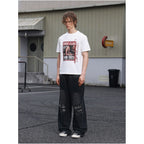 Saxgenwonn broken patch plaid random stitch embroidery rivets washed distressed wide leg straight legloose sweatpants image 3