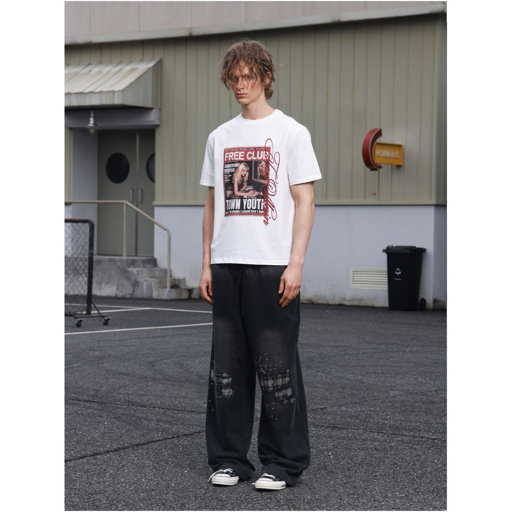 Saxgenwonn broken patch plaid random stitch embroidery rivets washed distressed wide leg straight legloose sweatpants image 3