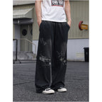 Saxgenwonn broken patch plaid random stitch embroidery rivets washed distressed wide leg straight legloose sweatpants image 4