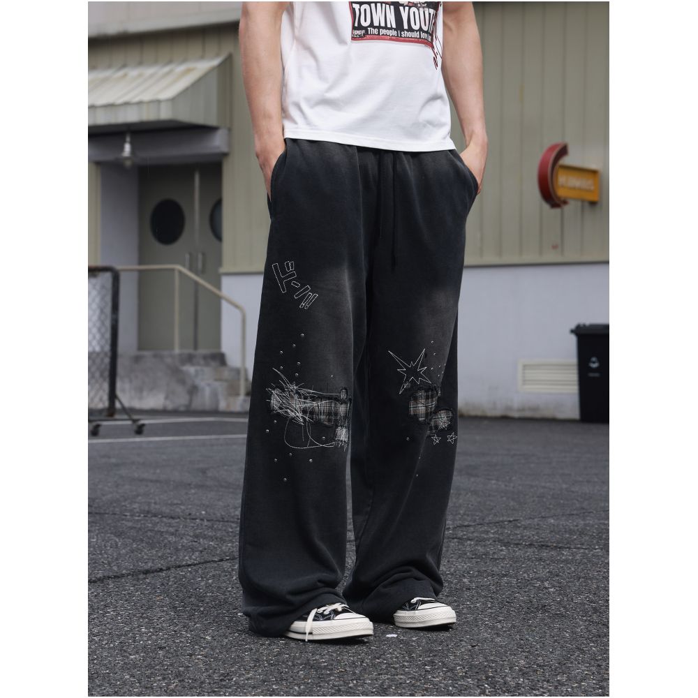 Saxgenwonn broken patch plaid random stitch embroidery rivets washed distressed wide leg straight legloose sweatpants image 4