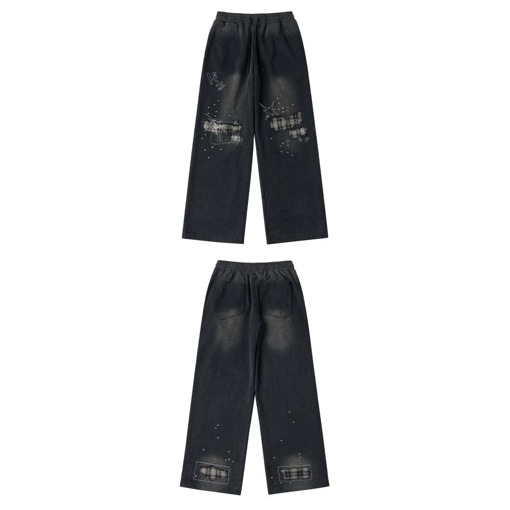 Saxgenwonn broken patch plaid random stitch embroidery rivets washed distressed wide leg straight legloose sweatpants image 5