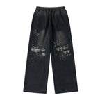 Saxgenwonn broken patch plaid random stitch embroidery rivets washed distressed wide leg straight legloose sweatpants
