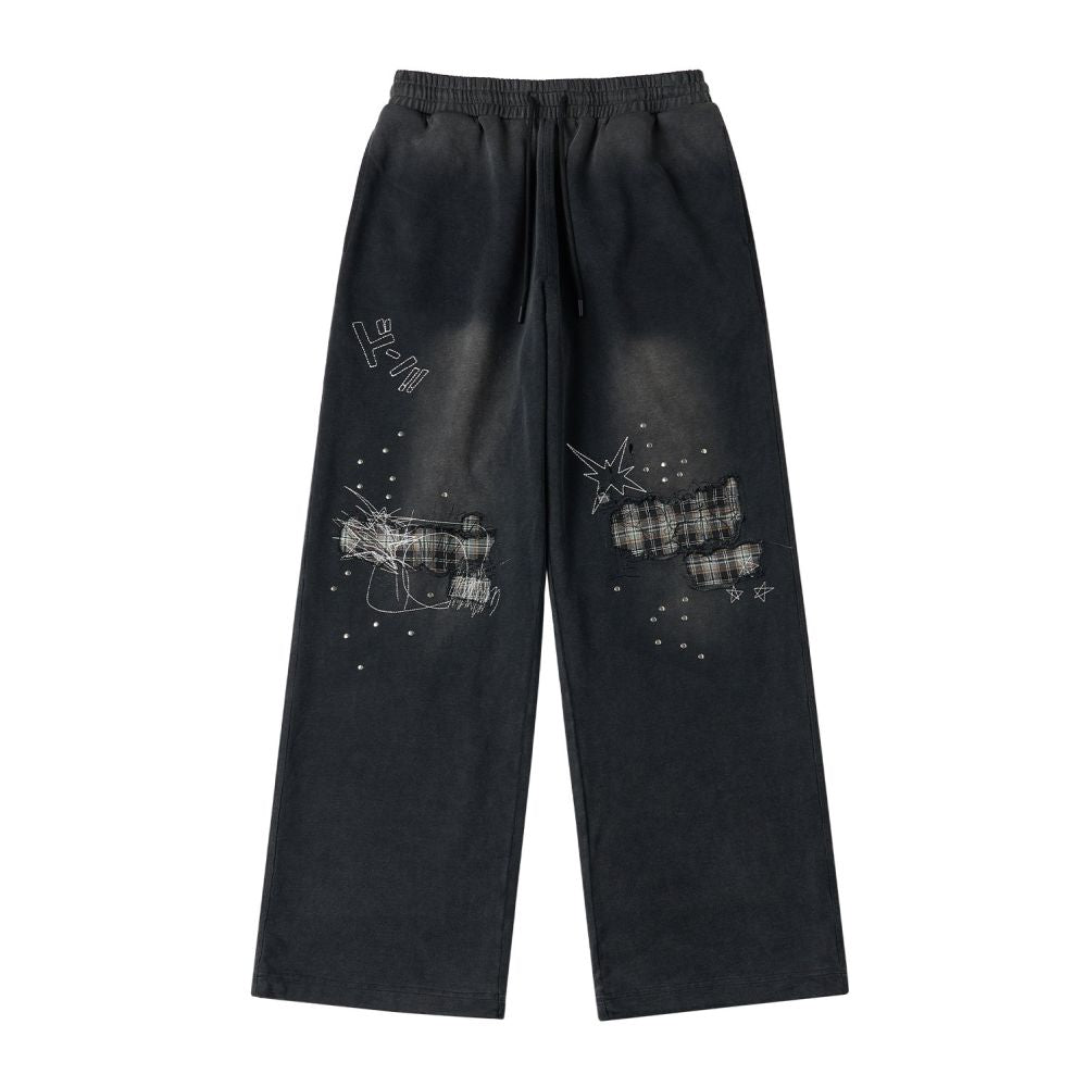Saxgenwonn broken patch plaid random stitch embroidery rivets washed distressed wide leg straight legloose sweatpants