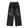 Saxgenwonn broken patch plaid random stitch embroidery rivets washed distressed wide leg straight legloose sweatpants image 0