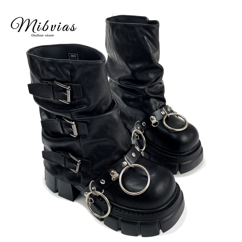 MIbvias original dark mid length fashionable short boots for children super thick sole small height heavy metal boots image 3