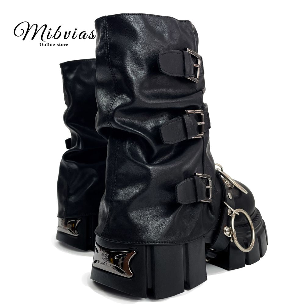 MIbvias original dark mid length fashionable short boots for children super thick sole small height heavy metal boots image 4