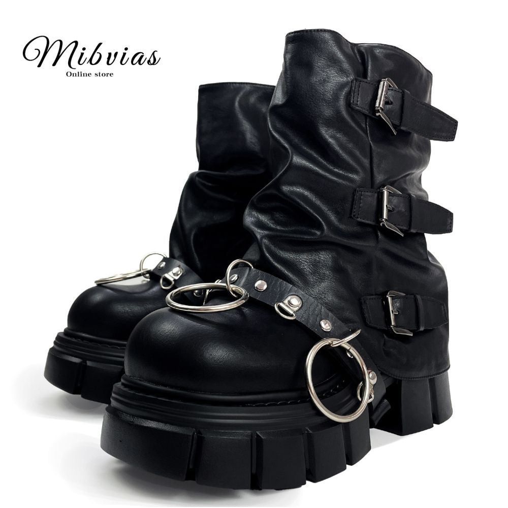 MIbvias original dark mid length fashionable short boots for children super thick sole small height heavy metal boots image 0